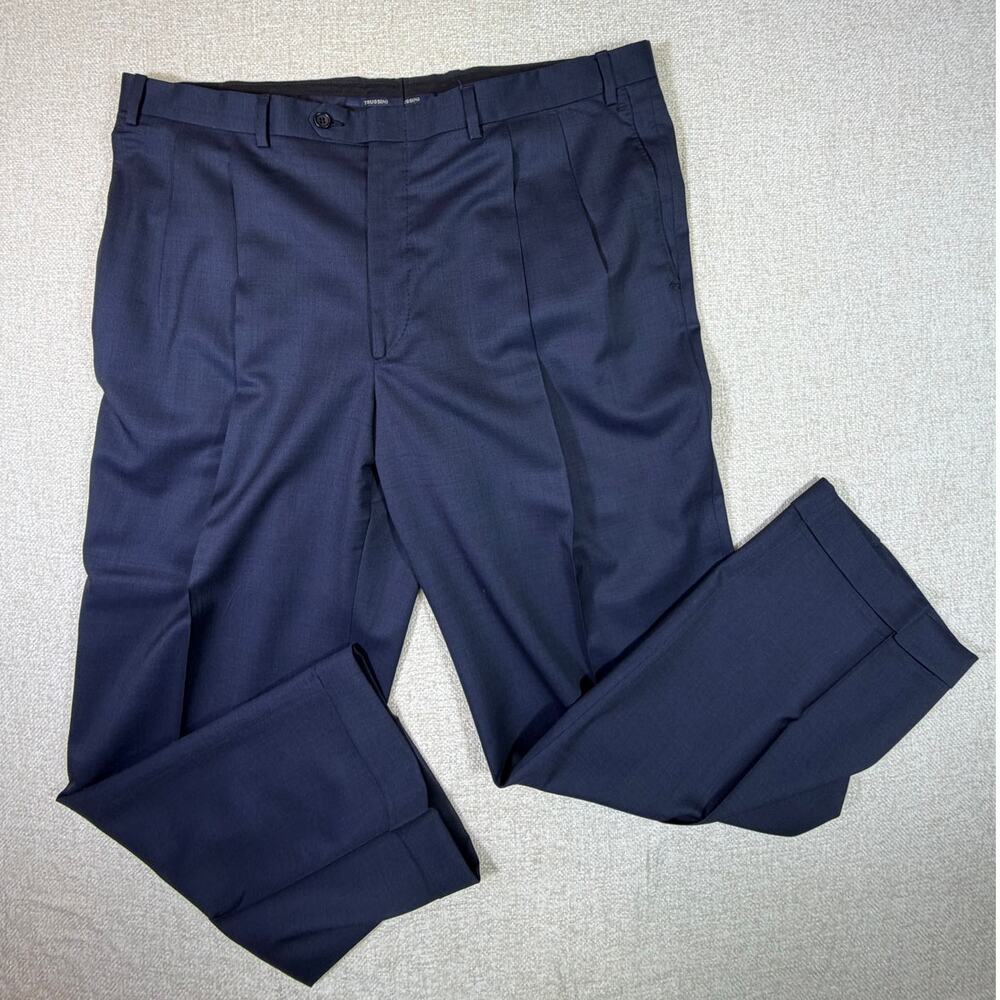 Trussini Mens 40 Blue 100% Wool Pleated Front Cuffed Hem Dress Pants Classic Fit